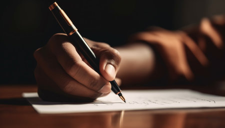 Handwriting on paper, close up of pen and human hand generated by artificial intelligenceの素材
