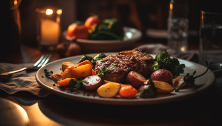 Grilled steak fillet with fresh tomato salad on rustic plate generated by artificial intelligenceの素材
