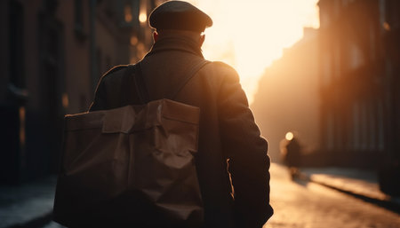 One businessman walking outdoors in the city at sunset generated by artificial intelligenceの素材