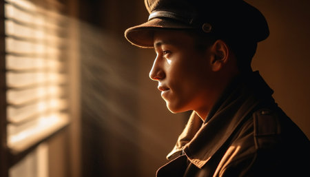 Young adult male in casual clothing looking away in solitude generated by artificial intelligenceの素材