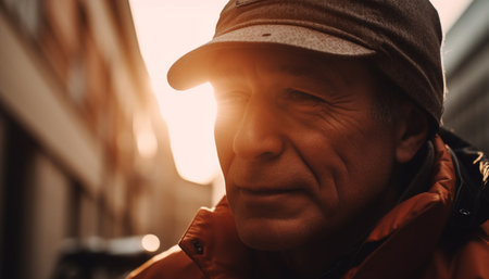 One man, outdoors in winter, wearing a cap and jacket generated by artificial intelligenceの素材