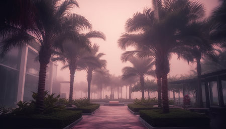 Silhouette of palm tree at dusk, tranquil scene of nature generated by artificial intelligenceの素材