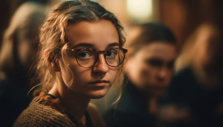 Young adults smiling, looking at camera, indoors, casual clothing, happiness generated by artificial intelligenceの素材