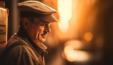 Smiling young adult man in casual clothing standing outdoors at dusk generated by artificial intelligenceの素材