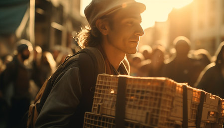 Young adults enjoying city life, walking towards the sunset generated by artificial intelligenceの素材