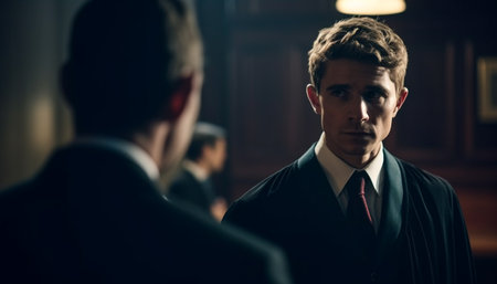 Confident businessman standing with coworker, both in full suits generated by artificial intelligenceの素材