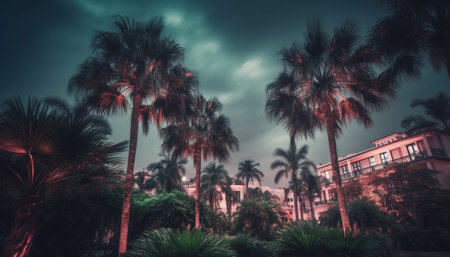 Tropical palm trees illuminate the dark coastline at dusk generated by artificial intelligenceの素材