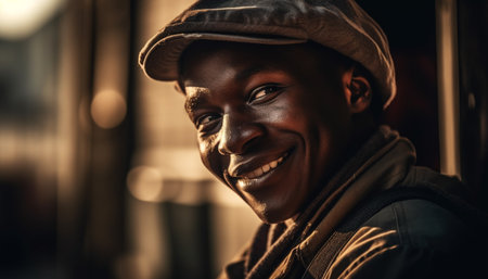 African American man smiling with confidence in fashionable winter attire generated by artificial intelligenceの素材