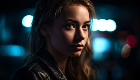 Young adult woman, portrait of beauty, looking at camera outdoors generated by artificial intelligenceの素材