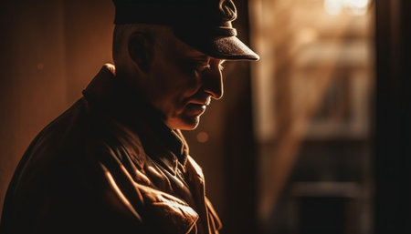 One man standing outdoors in the city, looking sad and serious generated by artificial intelligenceの素材