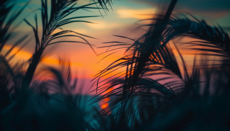 Silhouette of palm tree against vibrant sunset sky background generated by artificial intelligenceの素材