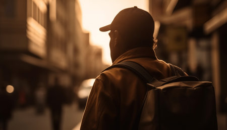 Silhouette of businessman walking at dusk in city with architecture generated by artificial intelligenceの素材