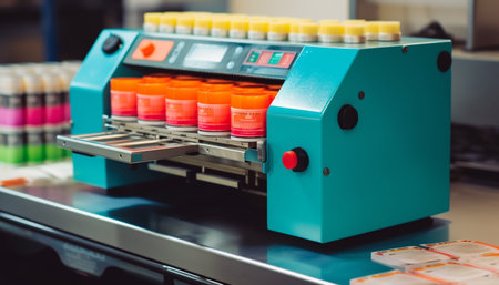 Blue conveyor belt in an indoor workshop with automated machinery generated by artificial intelligenceの素材