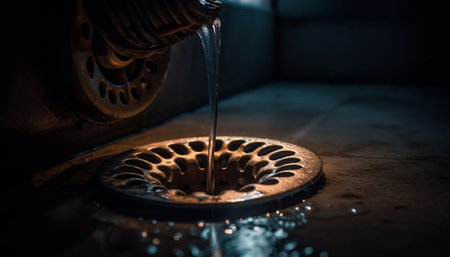 Flowing water drops wet metal equipment in dark factory background generated by artificial intelligenceの素材