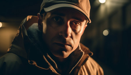 Confident athlete exercising outdoors in dark winter city, back lit generated by artificial intelligenceの素材