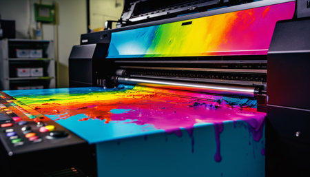 Modern printing press mixing multi colored ink with laser technology indoors generated by artificial intelligenceの素材