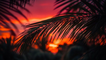 Vibrant sunset silhouettes palm tree in tranquil tropical paradise generated by artificial intelligenceの素材