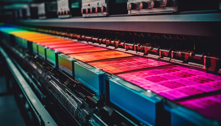 Modern manufacturing equipment in a row on production line indoors generated by artificial intelligenceの素材