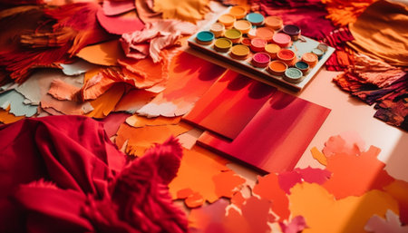 Vibrant colors of autumn leaves decorate the table with creativity generated by artificial intelligenceの素材