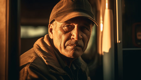 Sad senior man looking at camera in city, alone and depressed generated by artificial intelligenceの素材