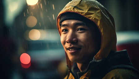 Smiling young adults in warm clothing enjoy autumn outdoors together generated by artificial intelligenceの素材