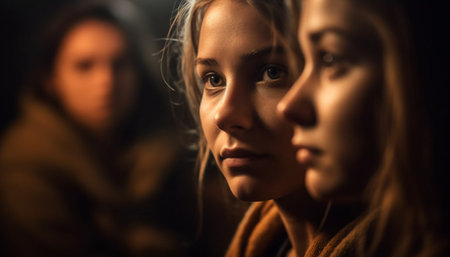 A group of cheerful young women and girls smiling for portrait generated by artificial intelligenceの素材