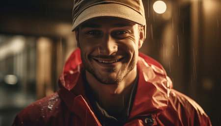 Confident young athlete exudes masculinity in city studio shot generated by artificial intelligenceの素材