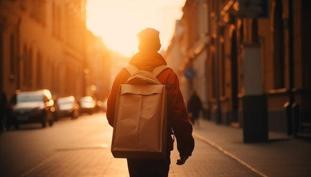 Young adult businessman walking with backpack in city at sunset generated by artificial intelligenceの素材