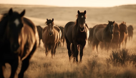 Silhouette of large herd grazing in tranquil yellow meadow generated by artificial intelligenceの素材