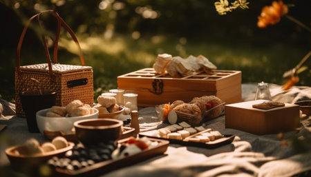 Rustic picnic table set with homemade sweet snacks and fruit generated by artificial intelligenceの素材