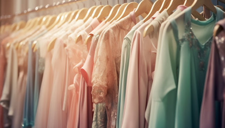 Variety of elegant clothing on display in modern fashion store generated by artificial intelligenceの素材