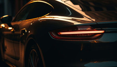 Shiny sports car illuminated by bright headlights speeds through city generated by artificial intelligenceの素材