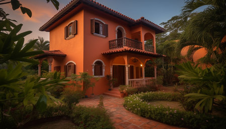 Luxury bungalow in tropical Caribbean landscape with elegant architecture generated by artificial intelligenceの素材