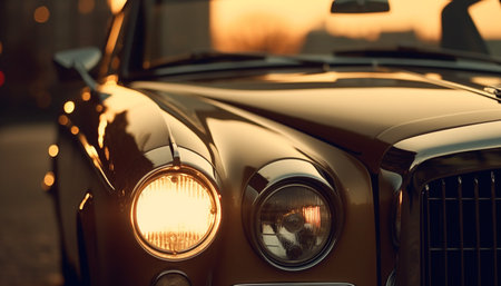 Vintage car chrome grille shines in the sunset golden light generated by artificial intelligenceの素材