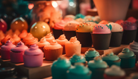 Multi colored pottery bowls in a row, homemade desserts on table generated by artificial intelligenceの素材