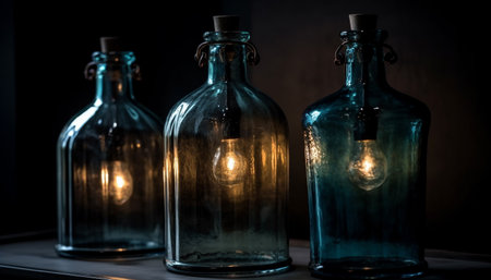 Transparent glass bottle with blue liquid, illuminated by electric lamp generated by artificial intelligenceの素材