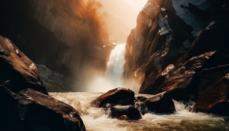 Tranquil autumn hike reveals majestic beauty in nature extreme terrain generated by artificial intelligenceの素材