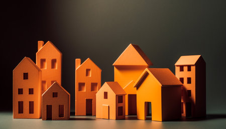 Small modern apartment building in residential district at dusk generated by artificial intelligenceの素材