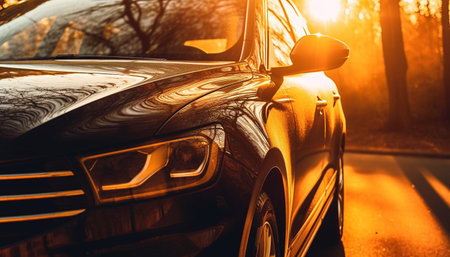 Sports car speeds through city, reflecting sunset in headlights generated by artificial intelligenceの素材