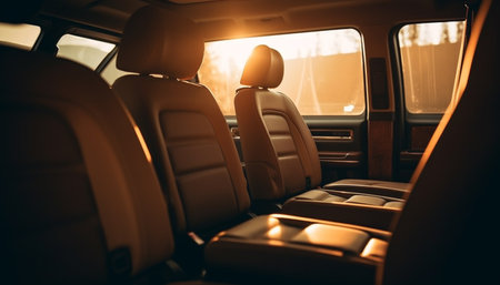 Luxury car seat reflects sunset, modern dashboard illuminates elegant journey generated by artificial intelligenceの素材