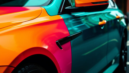 Modern sports car speeds through vibrant city streets at night generated by artificial intelligenceの素材