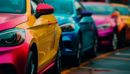 Yellow taxis in a row, bumper to bumper in traffic generated by artificial intelligenceの素材