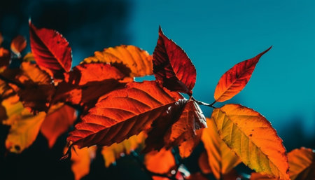 Vibrant autumn foliage on multi colored maple tree in forest background generated by artificial intelligenceの素材