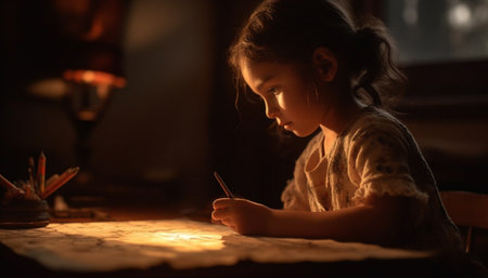 Cute girl learning art and craft, holding pencil, smiling happily generated by artificial intelligenceの素材