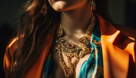 Beautiful young woman exudes glamor with luxurious gold jewelry generated by artificial intelligenceの素材