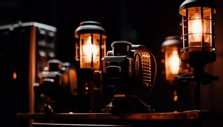 Antique lantern illuminated dark night with glowing yellow light bulb generated by artificial intelligenceの素材