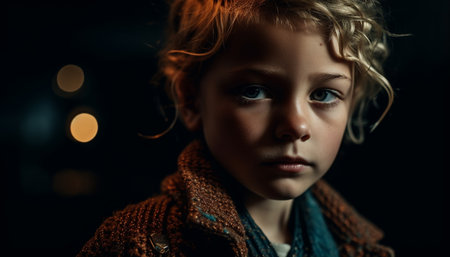 Beautiful young adult with blond hair looking sad outdoors in winter generated by artificial intelligenceの素材