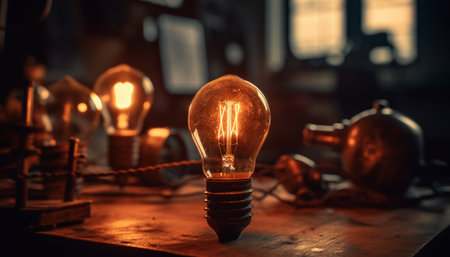 Bright glowing filament inspires creativity in old fashioned electric lamp generated by artificial intelligenceの素材