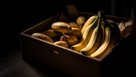 Organic banana snack in rustic wooden container on black background generated by artificial intelligenceの素材