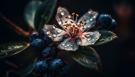 Ripe blueberry bunch on dark branch, focus on foreground freshness generated by artificial intelligenceの素材